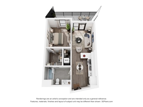 Floor plan for 1 bed, 1 bath, 620 sqft